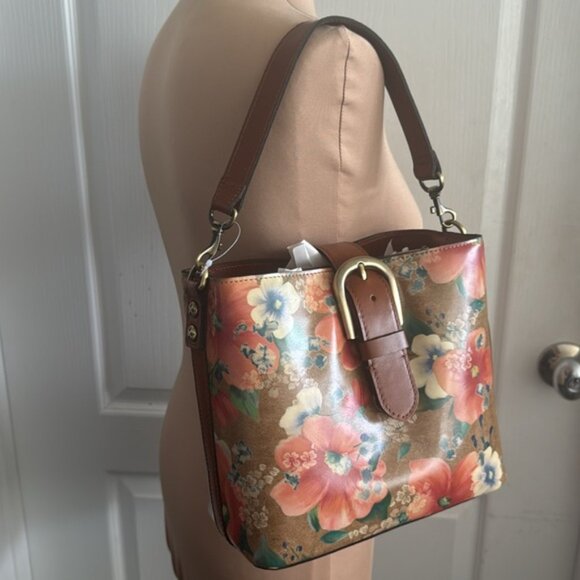 Patricia Nash Irving Bucket Handbag Leather Disstress Apricot Blsms Crossbody - Picture 3 of 9